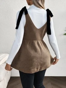 SHEIN 孕婦肩結休閒優雅百搭針織背心 秋季拍照商務黑色 - 卡其色 - 查看 2