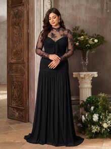 Aureia Plus Size Elegant Luxury French Embroidery Lace Round Neck Long Sleeve V-Neck Built-In Fishbone Bodycon Flared Hem Evening Dress For Women New Year - Black - View 7