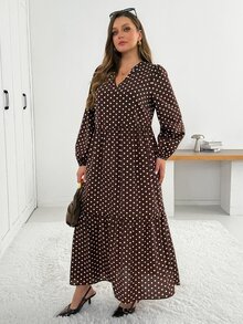 SHEIN Essnce 女款大尺碼棕色波點長袖洋裝，時尚休閒優雅，寬鬆舒適，秋冬穿搭，冬季洋裝 - 棕色 - 查看 5