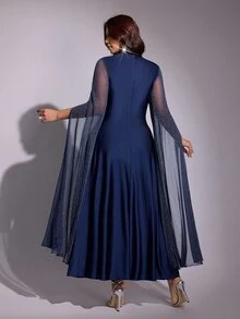 Viva Relle Plus Size Women's Halter Neck Sequin Sleeve Waist-Cinching Slimming Dress For Party, Autumn/Winter - Royal Blue - View 2