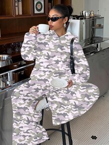 青少年女孩迷彩圖案連帽衛衣與寬鬆直筒運動長褲抓絨內裡兩件套 - 彩色 - 查看 5