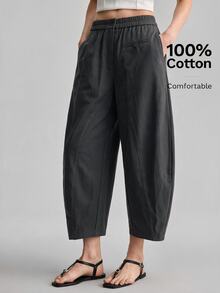 Ontre 2026 Autumn New Charcoal Gray Curved Waist Elastic Cropped Pants Women Urban Commute Elegant Vacation Beach Work Everyday Music Festival Clothing - Dark Grey - View 4