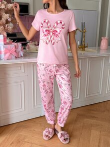 SweetSlumber طقم بيجامة نسائي بطبعة فيونكة، توب بأكمام قصيرة وبنطلون طويل من الحرير الحليبي - وردي - مشاهدة 3