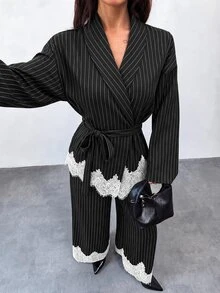 Firerie Women's Elegant 2 Pieces Set With Striped Jacket Featuring Lace Hem And Matching Pants - Black - View 8