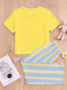 少女休閒甜美風極簡條紋圓領短袖長褲家居服套裝，適合日常居家穿著，舒適自在，休閒時尚女孩子風格 - 彩色 - 查看 2