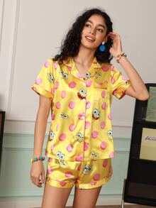 Chillnights SpongeBob SquarePants | SHEIN 女款卡通印花短袖上衣與短褲休閒日常居家睡衣套裝 - 彩色 - 查看 2