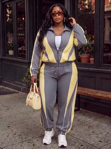 Slaydiva Plus Size Striped Colorblock Zip-Up Top And Loose Pants 2 Pieces Set - Multicolor - View 6