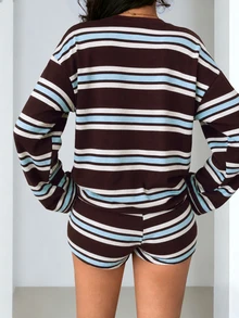 SHEIN Glamour Women's Casual Burgundy Striped Top And Drawstring Shorts Two Pieces Set Loungewear, Sportswear Two Pieces Set - Coffee Brown - View 2