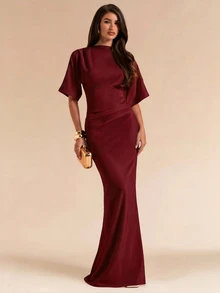 SHEIN BAE Spring Summer Solid White Short Sleeve Fitted Pleated Elegant Long Dress For Women - Burgundy - View 5