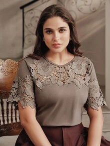Anewsta Women's Short Sleeve T-Shirt With Hollow Lace Patchwork On Chest And Sleeves, Knit Fabric, Casual Commute Plus Size Tee - Brown - View 6