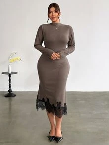 Firerie Plus Size French Lace Patchwork Waist-Cinching Dress - Brown - View 3