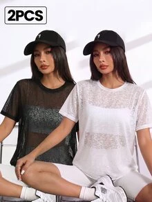 SHEIN Velisys 女款純色圓領短袖休閒健身運動T恤 - 黑與白 - 查看 1