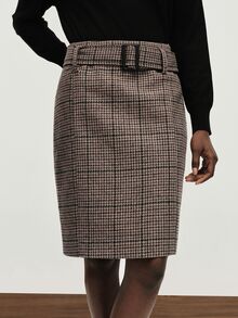 Aveloria Modichic Women's Skirt Slim H-Line Fit Tweed Texture Belted Square Buckle Commute Brown Plaid Fall Clothes For Women Christmas - Coffee Brown - View 1