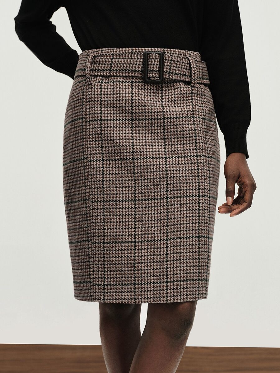 Aveloria Modichic Women's Skirt Slim H-Line Fit Tweed Texture Belted Square Buckle Commute Brown Plaid Fall Clothes For Women Christmas - Coffee Brown - View 1