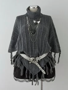 Sunspun Women's Plus Size Dark Tassel High Neck Batwing Sleeve Pullover Sweater - Dark Grey - View 3