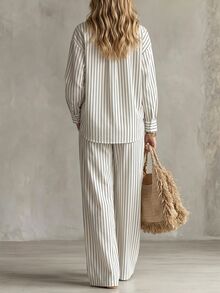 Trelyra Women's Striped Drop Shoulder Single-Breasted Shirt And Long Pants Casual Two Pieces Set - Black and White - View 3