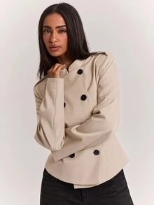 SHEIN BAE 設計感小立領修身收腰通勤與派對穿著高端夾克 - 杏色 - 查看 7