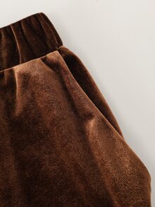 LUMIGAL Velvet Asymmetrical Shoulder Long Sleeve Women Casual Shirt + Velvet Elastic Waist Wide Leg Pants Two Pieces Set - Coffee Brown - View 6
