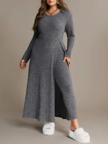 Freevana Ribbed Knit Two Pieces Set With Long Slit Tunic And Stretch Leggings, Cozy Loungewear-To-Streetwear - Dark Grey - View 3
