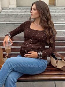 MaterniWear Maternity Polka Dot Print Square Neck Long Sleeve Ruched T-Shirt - Brown - View 2