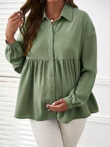 SHEIN Maternity Solid Color Pleated Casual Daily Long Sleeve Top - Green - View 2