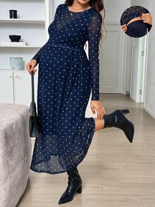 SHEIN Polka Dot Print Round Neck Long Sleeve Elegant Maternity Nursing Dress Fall - Blue and White - View 3