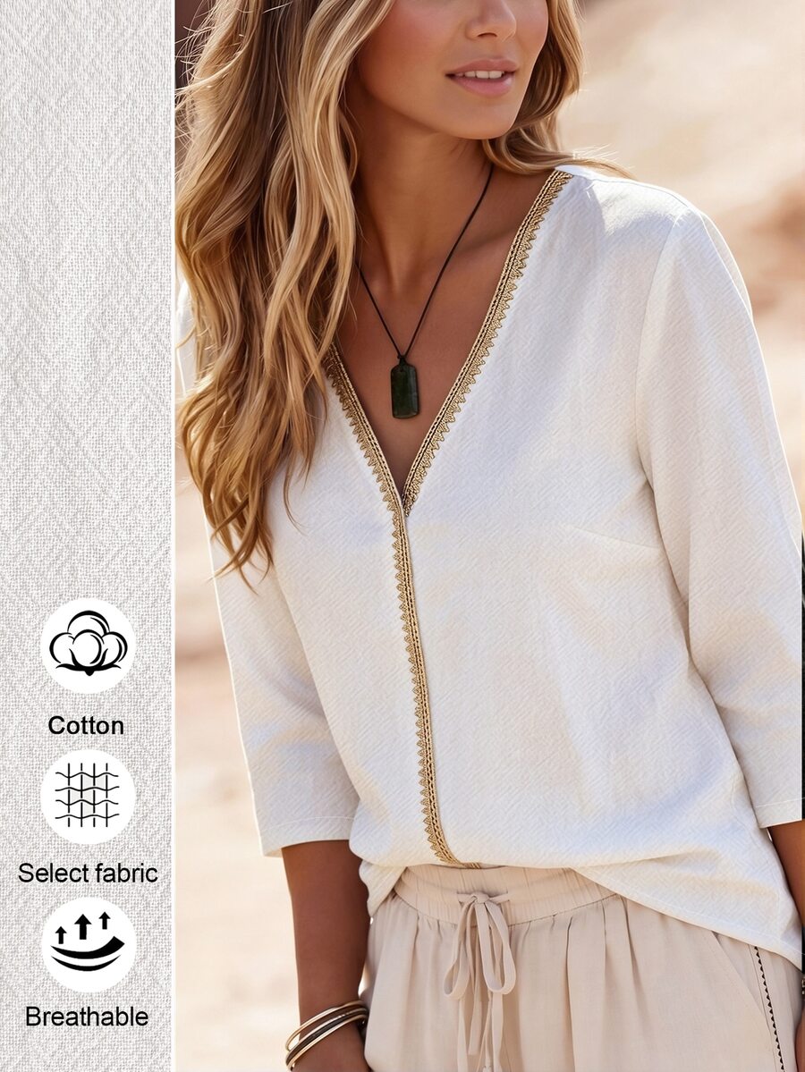 Linhara CURVE Women Plus Size Mid-Length Sleeve V-Neck Casual Boho Blouse Spring Summer Autumn Winter Vacation Home Wear Top Fall Brunch White - White - View 1