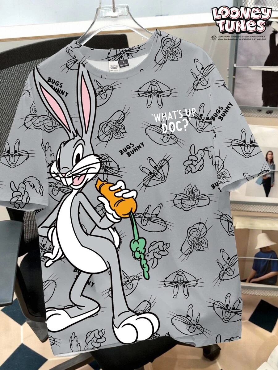 LOONEY TUNES X SHEIN Daypath 男士大尺碼字母卡通印花圓領短袖休閒T恤 - 灰色 - 查看 1