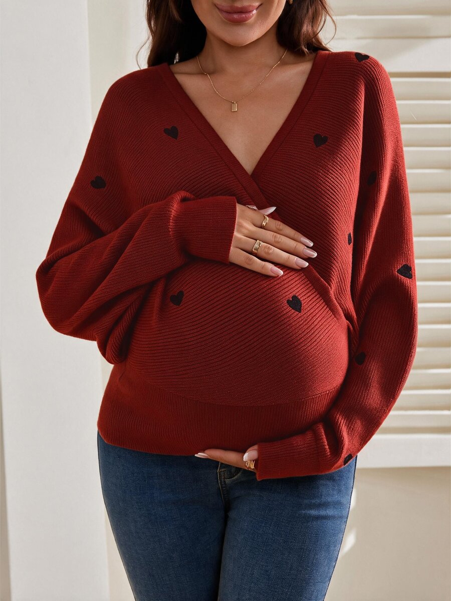 SHEIN 孕婦哺乳心形刺繡優雅長袖針織衫 - 紅木色 - 查看 1