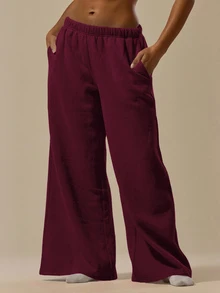 MUSERA ESSENTIALS Oversized Wide Leg Drawstring Joggers Casual Everyday Relaxed Basic Sweat Holiday Summer - Burgundy - View 2