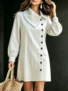 LUMIGAL Women's Autumn New Casual Striped Button Front Short & Long Sleeve Dress - Black and White - View 3