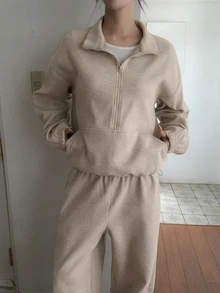 DAZY Solid Color Loose-Fitting Zip-Up Pullover Long-Sleeved Sweatshirt And Pants With Drawstring, Casual Vacation Sports Korean Style Autumn And Winter Thickened Women's Two Pieces Set - Grey - View 7