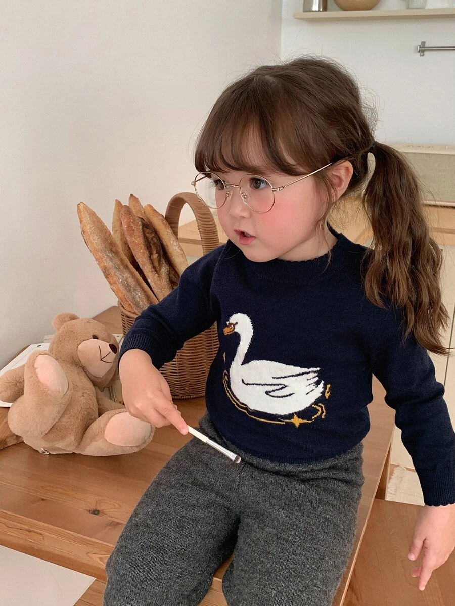 DAZY Infant Girl Round Neck Cartoon Long Sleeve Color Block Autumn Winter Sweater - Navy Blue - View 1