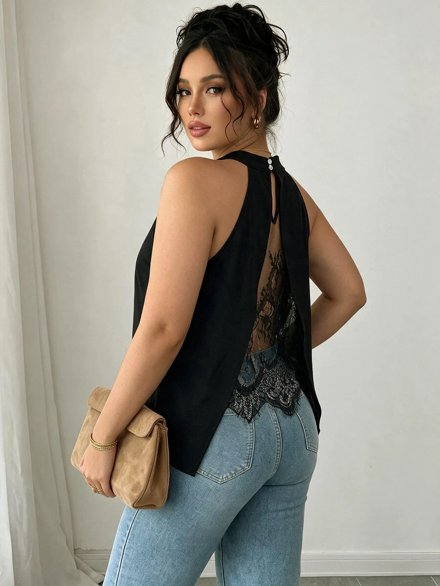 Elenzga Plus Size Women's Solid Color Back Contrast Lace Elegant Halter Neck Blouse - Black - View 1