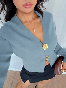 Elyressa 女款時尚休閒法式優雅極簡不對稱鈕扣針織開襟開襟毛衣上衣 高級設計 開襟款 早午餐穿搭 灰藍色 秋季 - 霧霾藍 - 查看 6