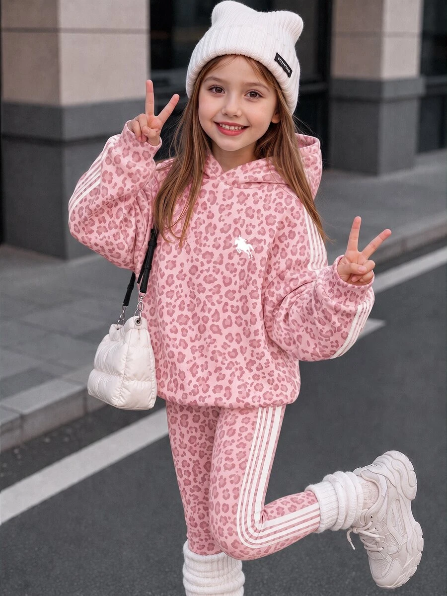 復古時尚豹紋對比色條紋少女休閒寬鬆連帽長袖衛衣與修身長褲2件套,適合秋冬日常穿著、外出、校園、運動、返校 - 彩色 - 查看 1
