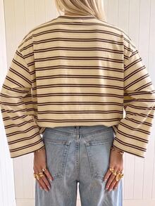 SHEIN EZwear 海外長袖黃色與巧克力色條紋襯衫，秋季上衣，適合日常通勤、派對、秋冬/夏季、聖誕節、新年、感恩節、婚禮、海灘、畢業典禮、優雅、外出、約會、情人節、度假、Y2K、畢業典禮及其他場合 - 彩色 - 查看 2