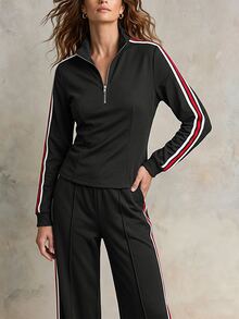 SHEIN Women's Spring/Autumn Vintage Sporty Contrast Color Webbing Stand Collar Cotton Top And Pants Set Suitable For Daily Wear, Outings And Parties. - Black - View 3