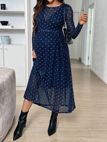 SHEIN Polka Dot Print Round Neck Long Sleeve Elegant Maternity Nursing Dress Fall - Blue and White - View 5