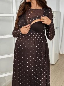 SHEIN 孕婦 1件波點印花哺乳洋裝 秋季 - 棕色 - 查看 2
