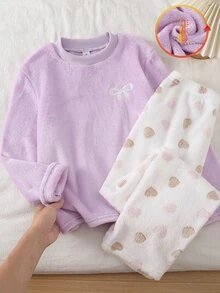 Genkimix Kids 女童大童睡衣套裝 秋冬日常休閒優雅居家服 長袖長褲 蝴蝶結刺繡圖案與滿版小愛心印花 刷毛套裝 - 淡紫色 - 查看 3