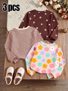 SHEIN Vintaside Kids 3件裝少女秋季上衣 花卉與條紋圓領長袖T恤，柔軟可愛休閒秋季日常穿著 - 彩色 - 查看 2