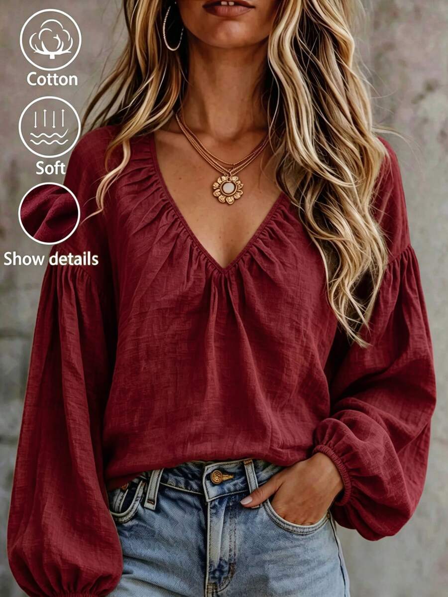 Breezaya Blus Wanita Lengan Panjang Kasual Leher V Warna Polos untuk Sehari-hari - Burgundy - View 1