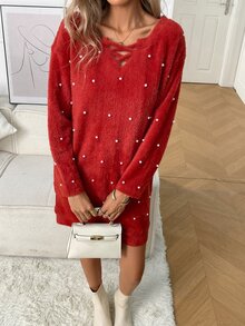 Balvessa Women's Faux Pearl Decor Asymmetrical Shoulder Casual Daily Summer Dress - Red - View 7