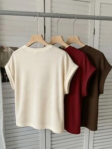 SHEIN LUNE Women's Casual Round Neck Dolman Sleeve Short T-Shirt 3pcs Set Suitable For Spring Summer Autumn - Multicolor - View 2
