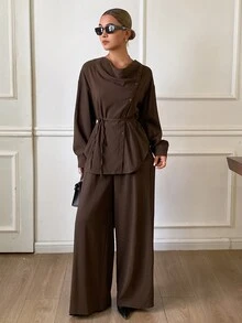 Dazy Tall Women's Solid Color Pleated Top And Pants Casual Daily 2 Pieces Set - Brown - View 5