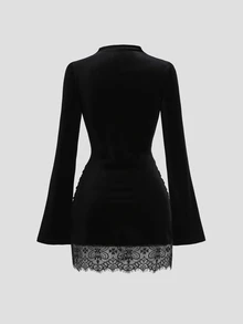 Sweetra Women's Spicy Style Semi-High Neck Flare Sleeve Ruched Bodycon Lace Trim Mini Skirt - Black - View 1