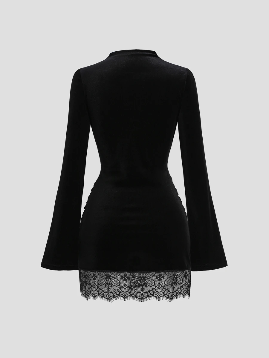 Sweetra Women's Spicy Style Semi-High Neck Flare Sleeve Ruched Bodycon Lace Trim Mini Skirt - Black - View 1
