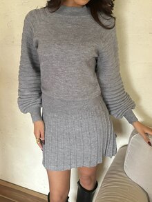 Aloruh Women's Autumn/Winter Pullover Sweater + Pleated Mini Skirt - Dark Grey - View 4