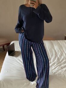 DAZY Women's Solid Color Long Sleeve Top And Striped Long Pants Casual Daily Home Sleepwear Set - Navy Blue - View 3